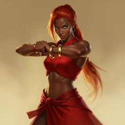 Full body Picture of a Battle Dancer, arab inspired, wearing two metallic rings, dark brown skin, light red hair, waist reaching ponytail, crimson attire, exposed midriff, battle, detailed face features, dark green eyes, toned body, abs, D&D, by artgerm and Craig Mullins, James Jean, Andrey Ryabovichev, Mark Simonetti and Peter Morbacher, matte painting, trending on artstation, artstationHD, artstationHQ, octane, full HD, 16K, alluring, sensual, gold