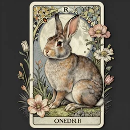 victorian. rabbit, art nouveau, tarot card, drab colors, flowers, moon. hyper - realistic. fine details