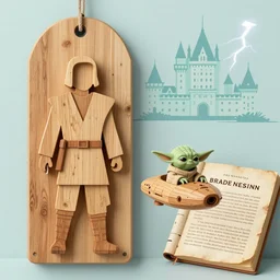 wooden jedi, speeder piloted by yoda, wooden board, rebels manuscript, chateau, nordic pastel colors, perfect lightning