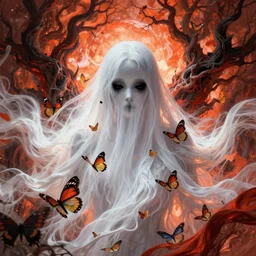 a beautiful terrifying ghost portrait black eyes twisted trees jennie blackpink, floating cloth whirlpool, butterfly hard lighting ethereal horror fantasy art orange, red, white hues by and hajime sorayama karol bak raymond swanland, gaston bussiere craig mullins alphonse mucha basil gogos, monet, ruan jia, by wlop, moebius syd mead roger dean
