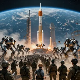 humans flock to a space center and rockets ready to leave the earth. outside, soldiers are trying to repel hordes of machines and robots trying to overwhelm them, 4k, highly detailed, stressful atmosphere