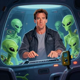 aliens watching a jim carrey movie in a spaceship, digital art, trending on artstation