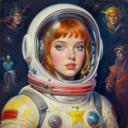 oil painting, portrait of a beautiful space girl, medium shot, hypermaximalist, intricate, triadic color scheme, retro, highly detailed, concept art, smooth, sharp focus, cinematic lighting. art by enki bilal and by peter mohrbacher and mike mignola c 1 3. 0