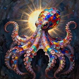 human octopus with stained glass hands