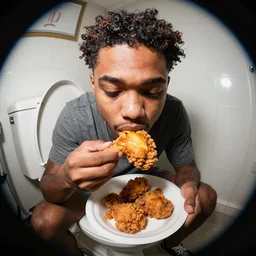 tyrone eating fried chicken on the toilet, fish eye photo, high detail