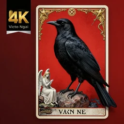 beautiful digital fantasy illustration of a black bird with a red background, poster art by victo ngai, behance contest winner, vanitas, wiccan, tarot card, angel sitting on a rock, an ultrafine detailed painting by peter mohrbacher, high detail texture, unreal engine, 8 k, photographic quality, ultra hyper realistic quality, 8 k definiton, hyper - realistic, cinematic, cinematic lighting
