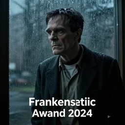 Frankenstein's monster sadly looks out a window covered in rain, award winning