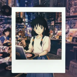 a full body polaroid portrait of a 1 9 8 0's disney girl 7 5 8 working at a 1 3 4 vinyl stall, finely detailed features, closeup at the faces, perfect art, busy cyberpunk city, gapmoe yandere grimdark, trending on pixiv fanbox, painted by ilya kushinov makoto shinkai takashi takeuchi studio ghibli, akihiko yoshida,
