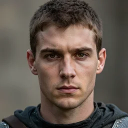 dramatic cinematic close up artwork of a single medieval commander in his twenties with short brown hair, hazel eyes and a small chin staring into the distance solemnly with his warriors in front of his warriors by greg rutowski, 4 k, masterpiece, sun rays