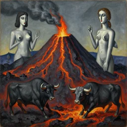 vulcano, lava, bull, surreal by dan mumford and umberto boccioni, oil on canvas