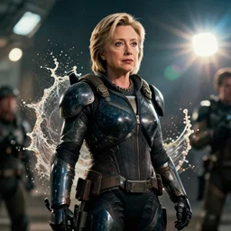 hillary clinton in gears of war, splash art, movie still, cinematic lighting, dramatic, octane render, long lens, shallow depth of field, bokeh, anamorphic lens flare, 8 k, hyper detailed, 3 5 mm film grain