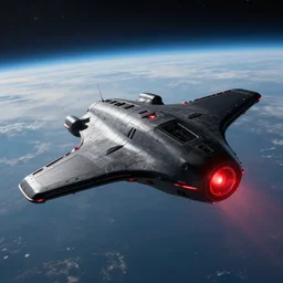black spaceship with red lights flying through the atmosphere concept art realistic
