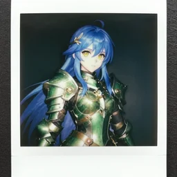 polaroid photography of a female paladin, green armor, blue hair, yellow eyes, white skin, beautiful, cute, badass, by rossdraws, ralph horsley, pixiv, instagram