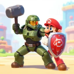 illustration of master chief deflects mario's hammer with a shield, arena fight, digital art, 8 k, trending on artstation