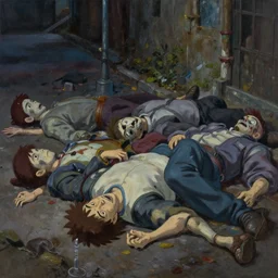 grim oil painting of poisoned dead bodies laying on the street, octane rendering, trending on artstation, studio ghibli, michael whealan and james gurney