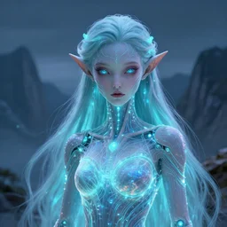 ethereal, bioluminescent wired, cybernetic alien princess in the mountains, extremely detailed, sharp focus, portrait, smooth, digital illustration, by james jean, by rossdraws, frank franzzeta, sakimichan