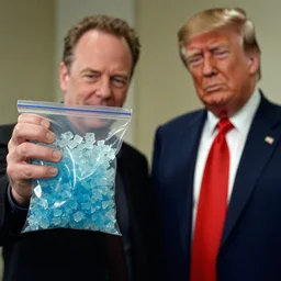 film still of bryan cranston showing a ziplock full of crystal blue meth to donald trump, photorealistic, film grain, hd