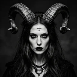 close up portrait of a scandinavian undead witch female with ram horns, satanic kvlt by peder balke by peder balke by greg rutkowski, by guido crepax by norman bluhm mystic high contrast monochromatic noir angst pagan magic symbols