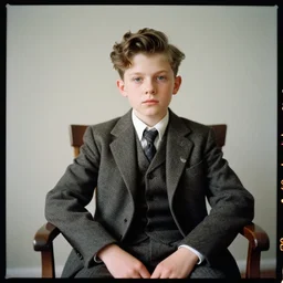 kodak portra 4 0 0, 8 k, highly detailed, britt marling style 3 / 4 photographic close, colour portrait of a handsome boy sitting on a wooden chair, up face with 1 9 2 0 s hairstyle, 1 9 2 0 s clothing style, asymmetrical, hasselblad x 1 d - 5 0 c, 1 0 0 mm f 1. 8, soft light