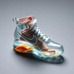 glass nike high top sneakers made from glass with a goldfish in the heel, bare feet visible inside