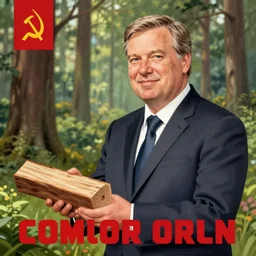 soviet poster of comforting viktor orban, holding a wood piece, forest in background