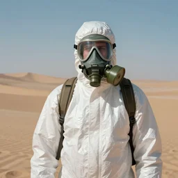 a man wearing a hazmat suit and gasmask in desert, arriflex 35, film still, cinematic composition