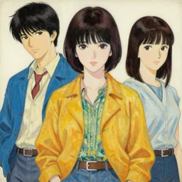 girl wearing retro clothing, shigenori soejima and yoji shinakawa and tatsuki fujimoto illustration, heavy lineart, oil on canvas