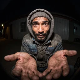 widest fish eye lens extremely close to homeless man's face action at night