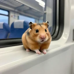 photo of a train interior, a brown hamster is sitting on a seat in a train, various poses, unedited, soft light, sharp focus, 8 k