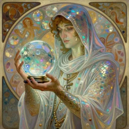 a mystical digital illustration of a fortune - teller gypsy man with a crystal ball in her hand, iridescent scaled skin, refraction and reflections, translucent, shawl, robes, scarf, artstation, painting by alphonse mucha and bouguereau and ruan jia and conrad roset