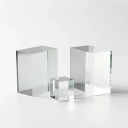 a small glass cube standing between two square mirrors standing parallel to each other refracting each other recursively in a white empty room, octane render 8 k, 4 k