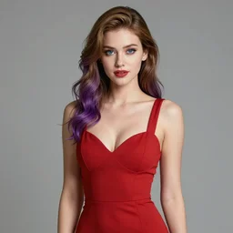 professional digital art of a white incredibly attractive woman with light brown hair with purple tips, blue eyes, wearing a tight red low cut party dress, very attractive, facing camera, tirso facing camera, impressive,  Canon 40mm view, HD, 4k, cinematic, well composed, best on artstation, cgsociety, wlop, epic, stunning, gorgeous, much detail, much wow, masterpiece,