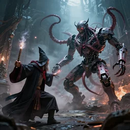 an epic cinematic battle between a wizard and an evil tentacle ai robot