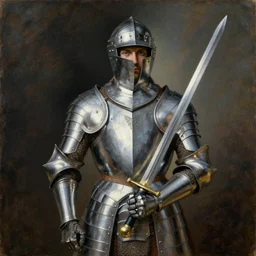 portrait of a warrior wearing shining armor, holding a long sword, by rene magritte, oil on canvas