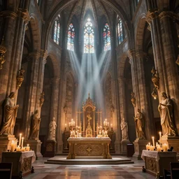 photo of a chaos cathedral interior volumetric lights, candles, statues altar