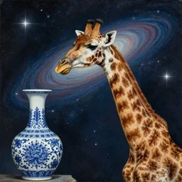 a giraffe pondering the mysteries of the universe, surrealist painting by igor morski, gediminas pranckevicius, beeple, ornament, porcelain, super - resolution, soft lighting, ray tracing global illumination