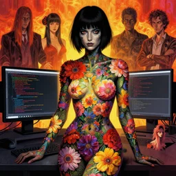 dark woman coding, a lot of flowers on body, by francis bacon, by ayami kojima, by amano, by karol bak, greg hildebrandt, by mark brooks, by alex grey, by zdzisław beksinski, by takato yamamoto, radiant colors, ultra detailed, high resolution, wrapped thermal background
