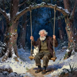 an old man and a cat having fun on a swing at night in ancient dense woods in winter, artwork by alexander jansson and andy kehoe and graig mullins and gediminas pranckericius, remedios varo