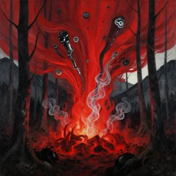 magical matte forest exploding over the mountains, chiaroscuro, red fabric, metalic parts, transparent smoke from hell, notan sun in the background, abstract, surreal art, painted by beksinski and android jones