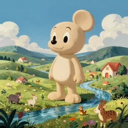 hanna barbera, beige imposing, fine by alex ross. a illustration of a landscape. it is a stylized & colorful view of an idyllic, dreamlike world with rolling hills, peaceful animals, & a flowing river. the scene looks like it could be from another planet, or perhaps a fairy tale.