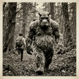 old photograph of a monster walking through an eerie forest behind a hiker