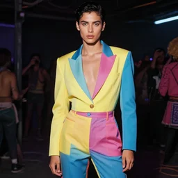 realistic photoshooting for trouser suit for a rave, bright colors, vhs colour photography, fashion photography, vogue, smooth skin, perfect face, 8 0 mm lens, 1. 2 aperture, cinematic light, very detailed,