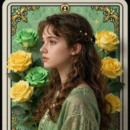 A side view portrait of 15 years old young and beautiful giorno giovanna, green and yellow roses make up the background, fantasy, detailed, cinematic, tarot card, highly detailed, golden ratio,8k