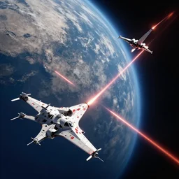 Battle between an Imperial Star Destroyer and X-Wing fighters shooting lasers at eachother, the battle takes place inside the atmosphere of a planet