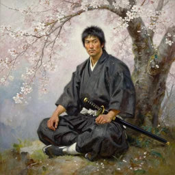 an oil painting of a male samurai warrior sitting under a cherry tree with white blossoms, katana, greg rutkowski, edward robert hughes, tony sart