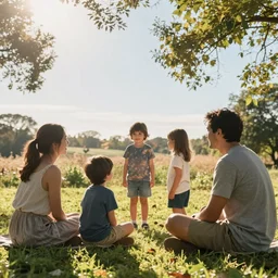 sunny day morning, family, highly detailed, still shot from movie, wide shot