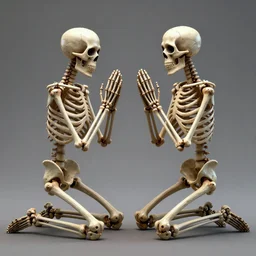 two praying skeletons kneeling facing each other, 8 k, highly detailed