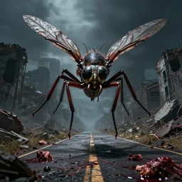 Giant Culicidae monster flying in the road of the ruined city. Drops of blood and meat with veins on the road. Ruins. Dark colors, high detail, hyperrealism, horror art, 8k, concept art, intricate details, octane render, masterpiece