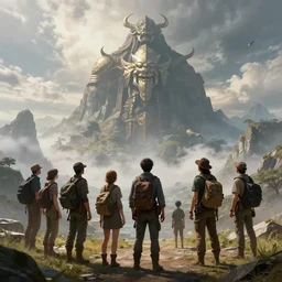 a group of travelers see a Titan on the horizons, Fantasy Art