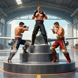 an art of fighting 3 stage in front of an airplane hangar. ultra clear detailed. highly detailed art